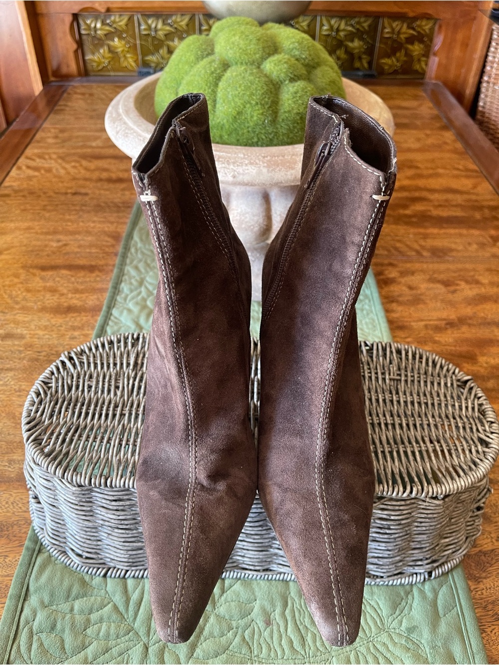Y2K- Audrey Brooke Dark Brown Suede Ankle Boots with Stitching Design